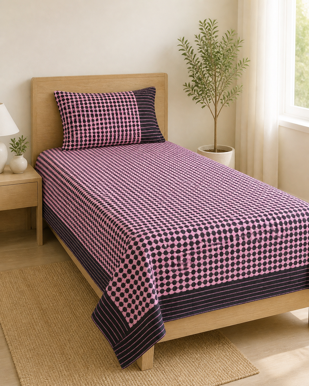 Nayapaisa Chennimalai Bedsheet - Rose — Bright-room styling view