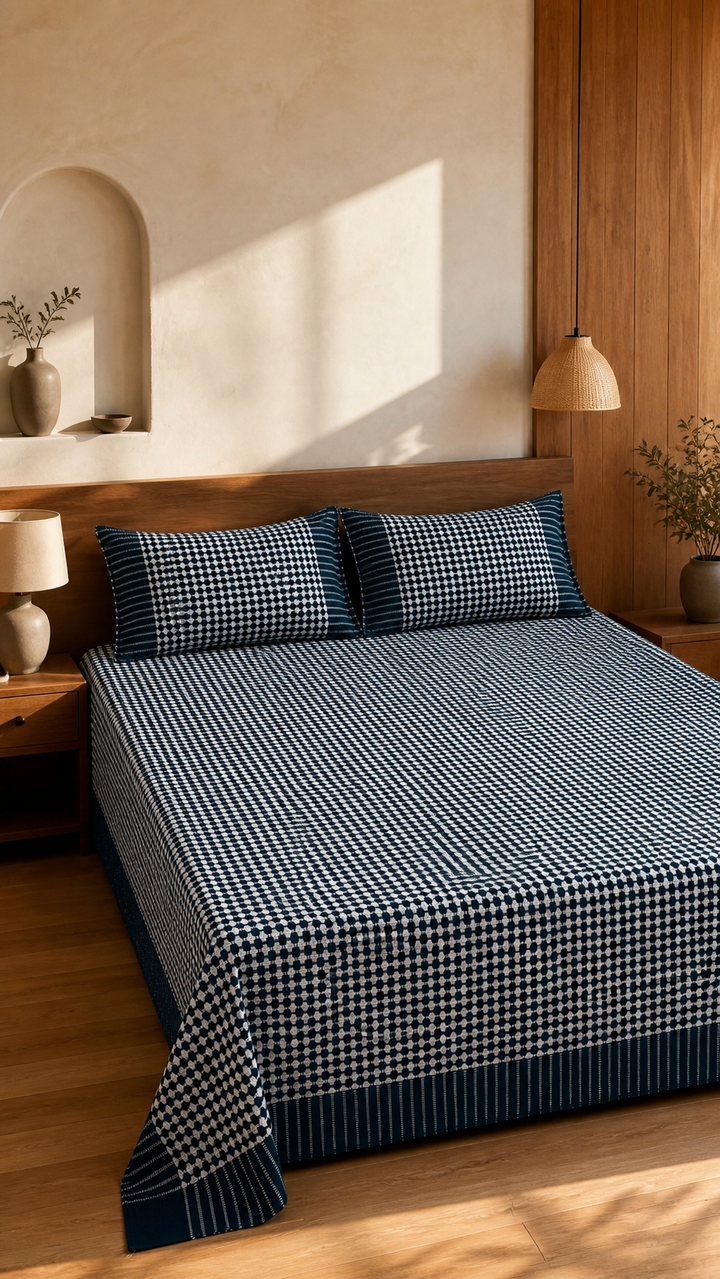 Nayapaisa Chennimalai Bedsheet - Teal — Warm-room styling view