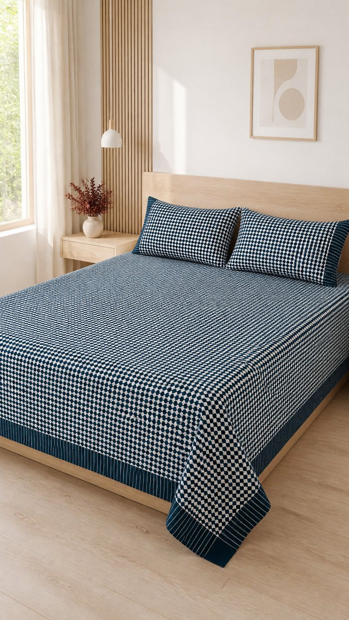 Nayapaisa Chennimalai Bedsheet - Teal — Bright-room styling view
