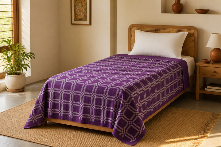 Niral Chennimalai Bedsheet - Purple — Warm-room styling view