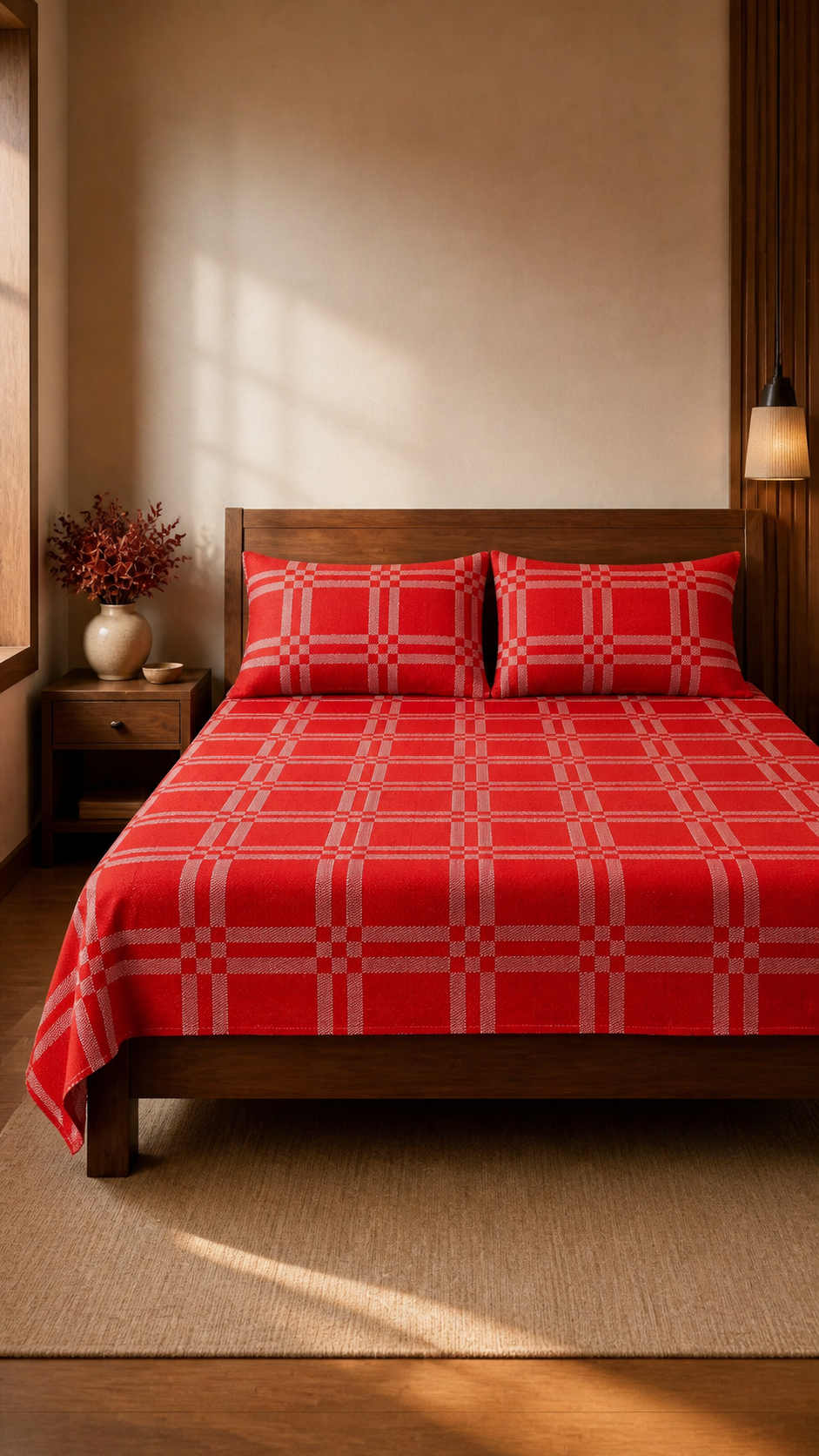 Niral Chennimalai Bedsheet - Red — Warm-room styling view