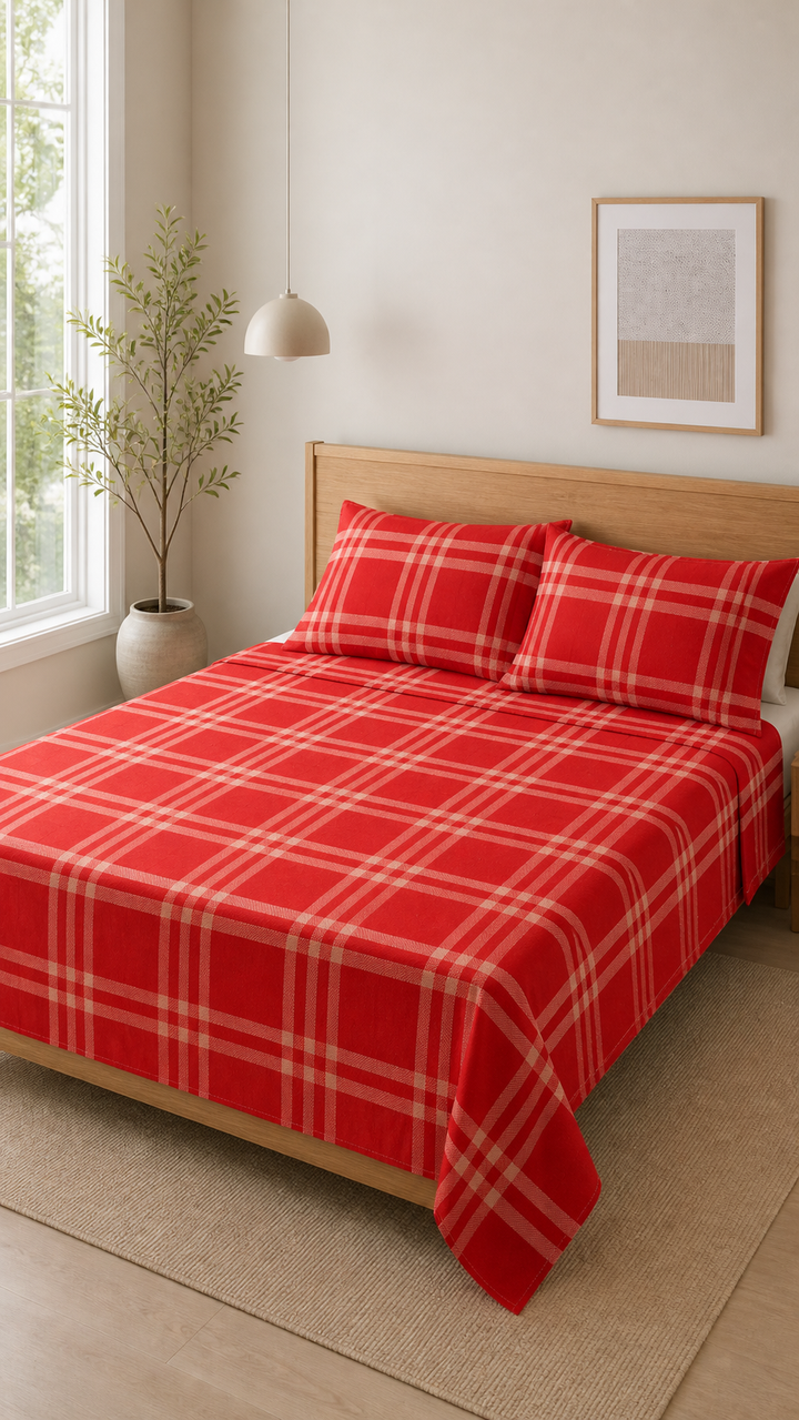 Niral Chennimalai Bedsheet - Red — Bright-room styling view