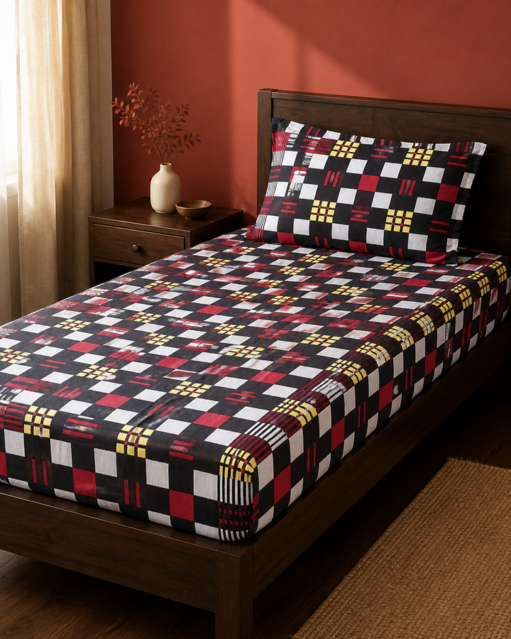Premium Handloom Black Ruby Checks Chennimalai Bedsheet — Warm-room styling view