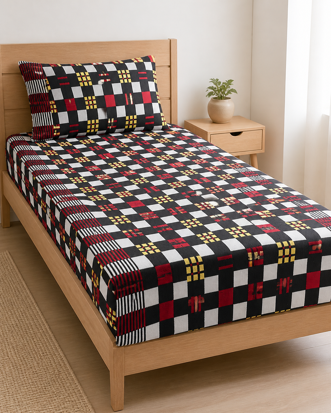 Premium Handloom Black Ruby Checks Chennimalai Bedsheet — Bright-room styling view