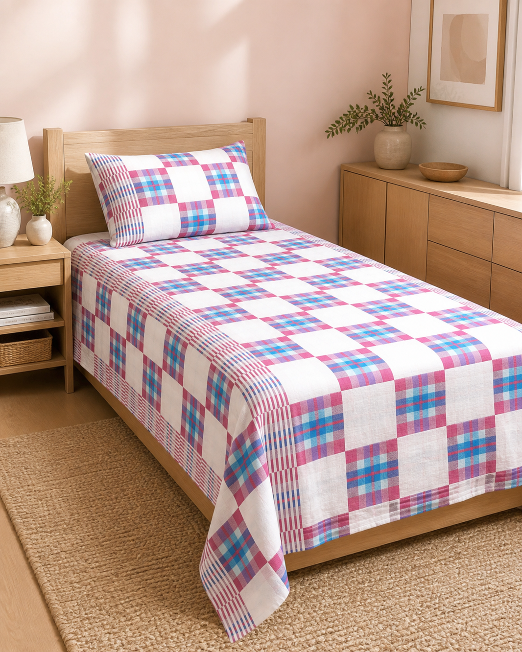Premium Handloom Candy check Chennimalai Bedsheet-Pink — Warm-room styling view
