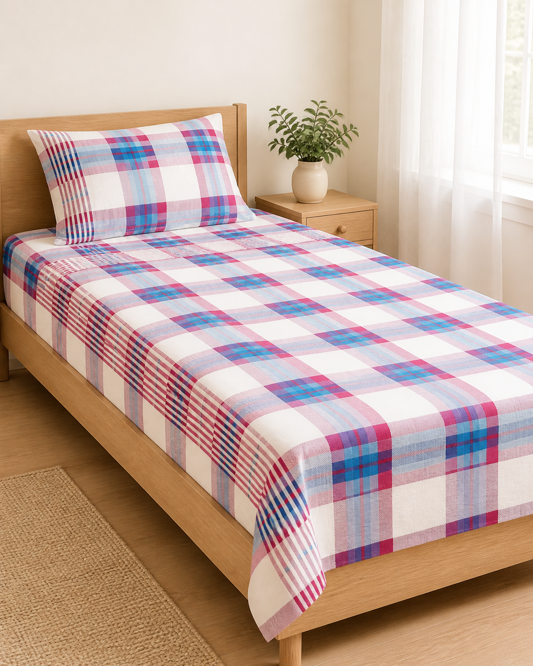 Premium Handloom Candy check Chennimalai Bedsheet-Pink — Bright-room styling view