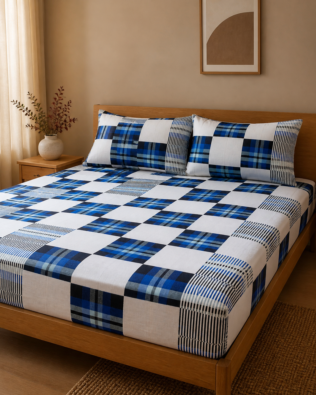 Premium Handloom Candy Check King Size Chennimalai Bedsheet - Blue — Warm-room styling view