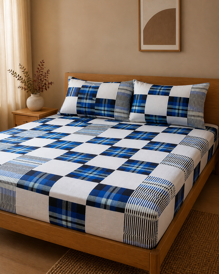 Premium Handloom Candy Check King Size Chennimalai Bedsheet - Blue — Warm-room styling view