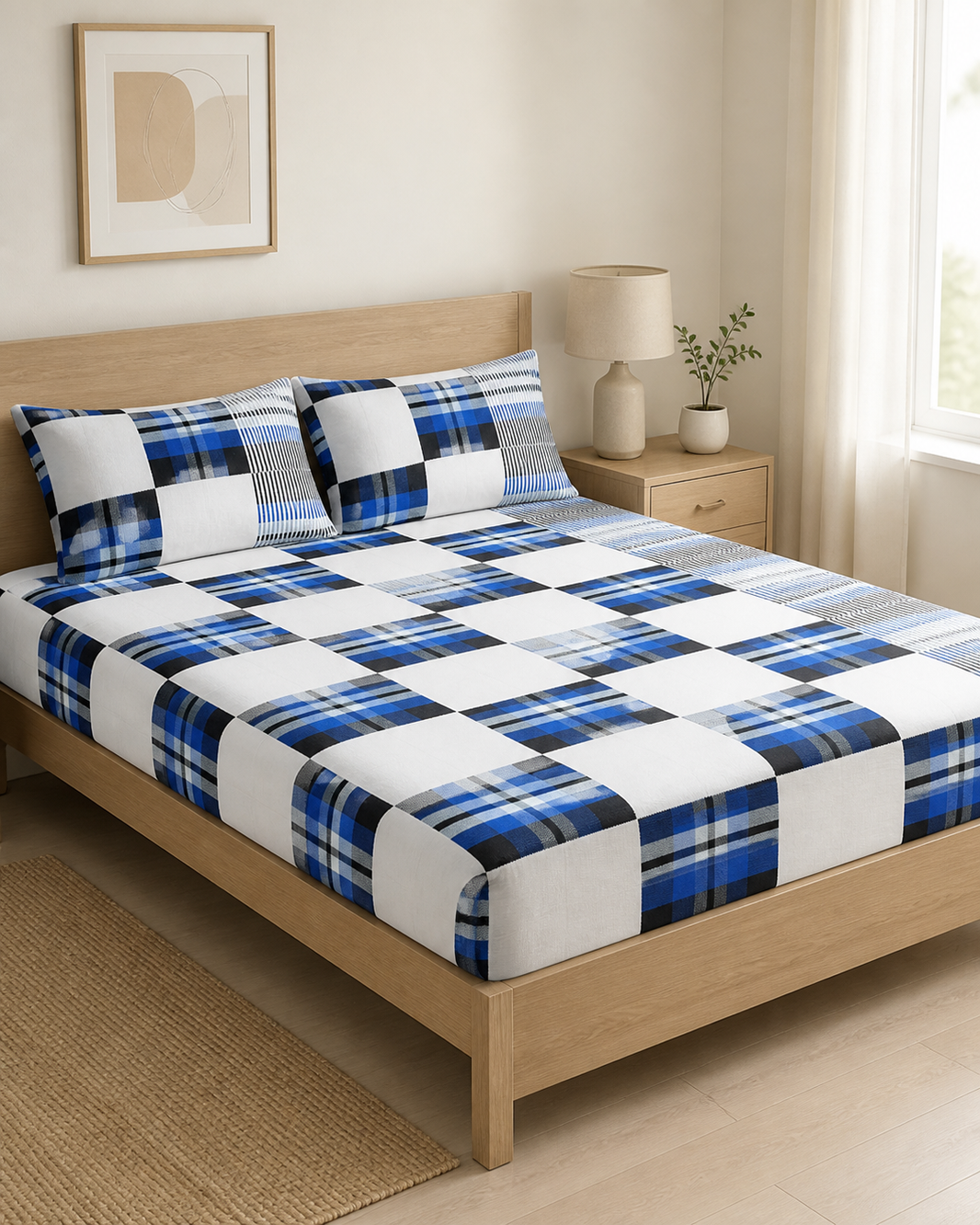 Premium Handloom Candy Check King Size Chennimalai Bedsheet - Blue — Bright-room styling view