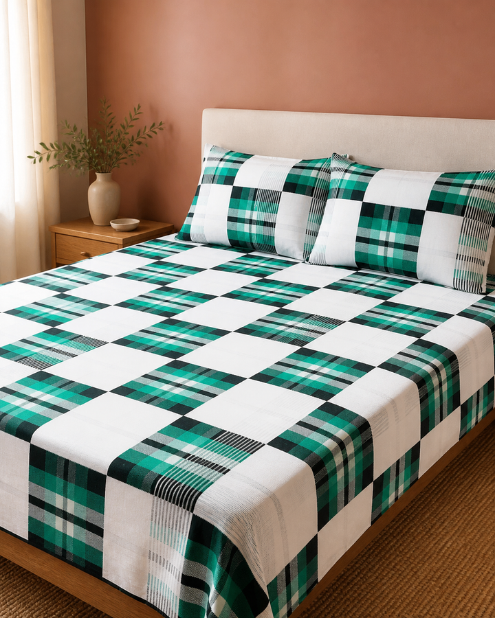 Premium Handloom Candy Check King Size Chennimalai Bedsheet - Green — Warm-room styling view