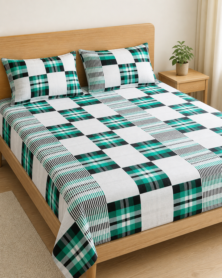 Premium Handloom Candy Check King Size Chennimalai Bedsheet - Green — Bright-room styling view