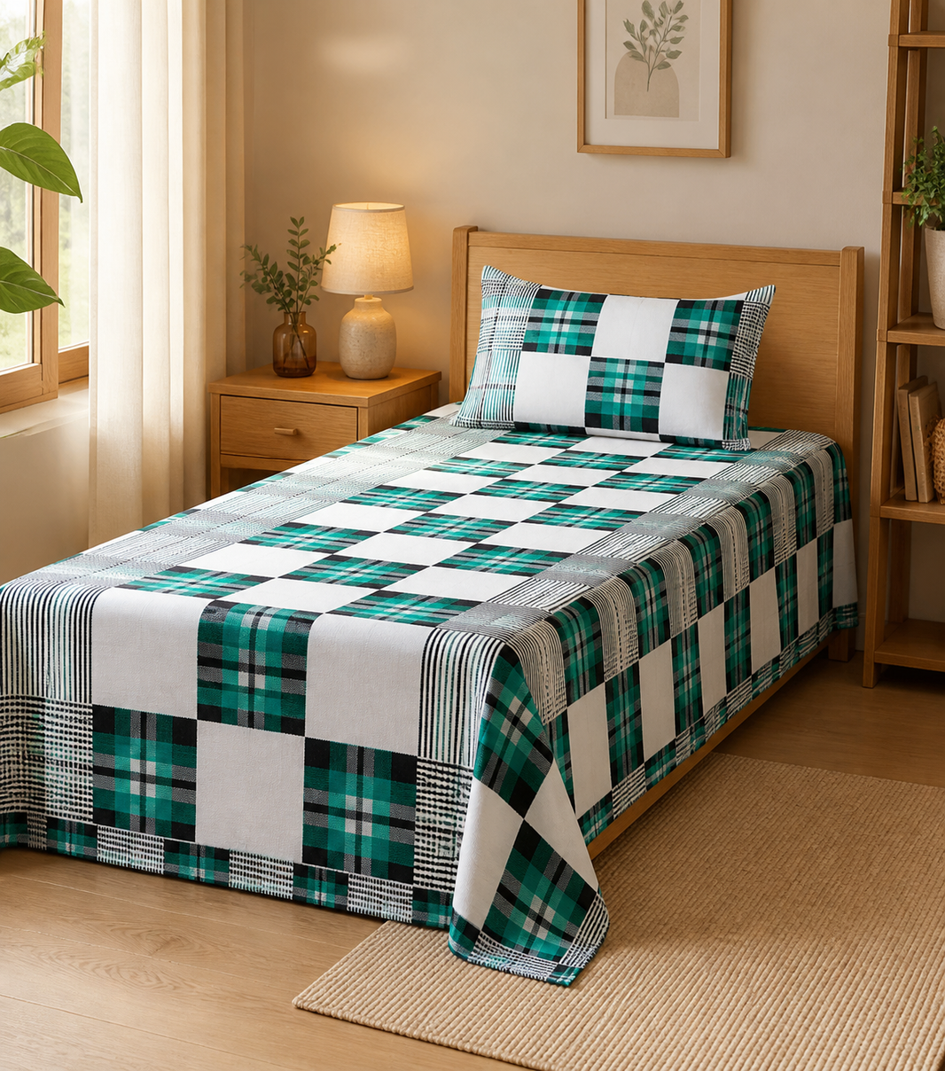 Premium Handloom Candy Check Single Cot Chennimalai Bedsheet - Green — Warm-room styling view