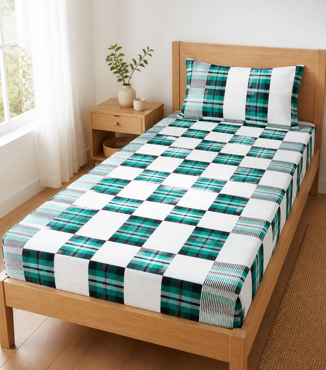 Premium Handloom Candy Check Single Cot Chennimalai Bedsheet - Green — Bright-room styling view
