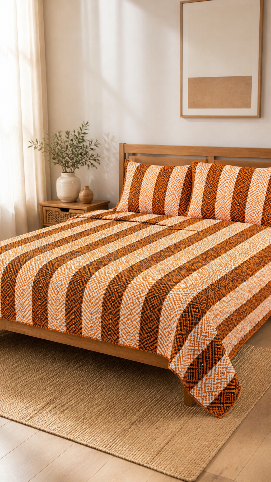 Premium Handloom Chennimalai bedsheet – Orange — Warm-room styling view