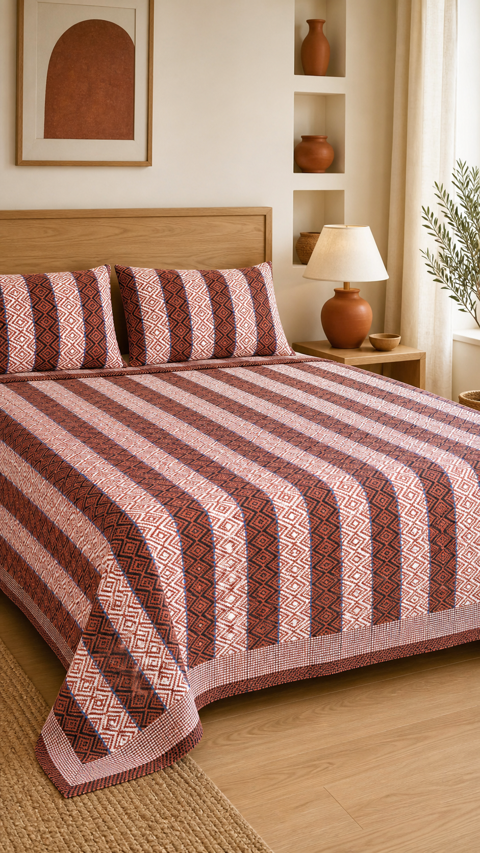 Premium Handloom Chennimalai bedsheet - Rust Red — Warm-room styling view