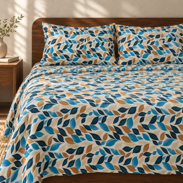 Premium Handloom Chennimalai King Size Bedspread Blue Leaf Print with matching pillow covers, square bedroom photograph