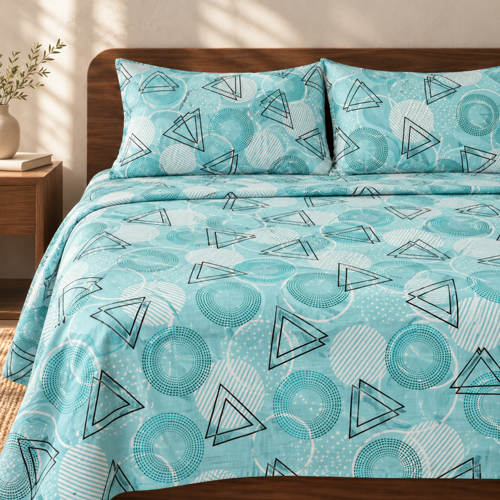Premium Handloom Chennimalai King Size Bedspread Green Geometric Print with matching pillow covers, square bedroom photograph