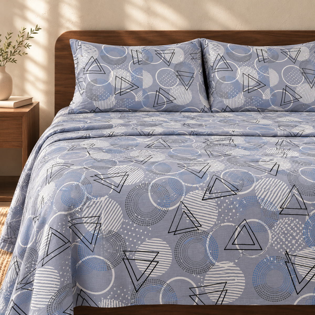 Premium Handloom Chennimalai King Size Bedspread Grey Geometric Print with matching pillow covers, square bedroom photograph