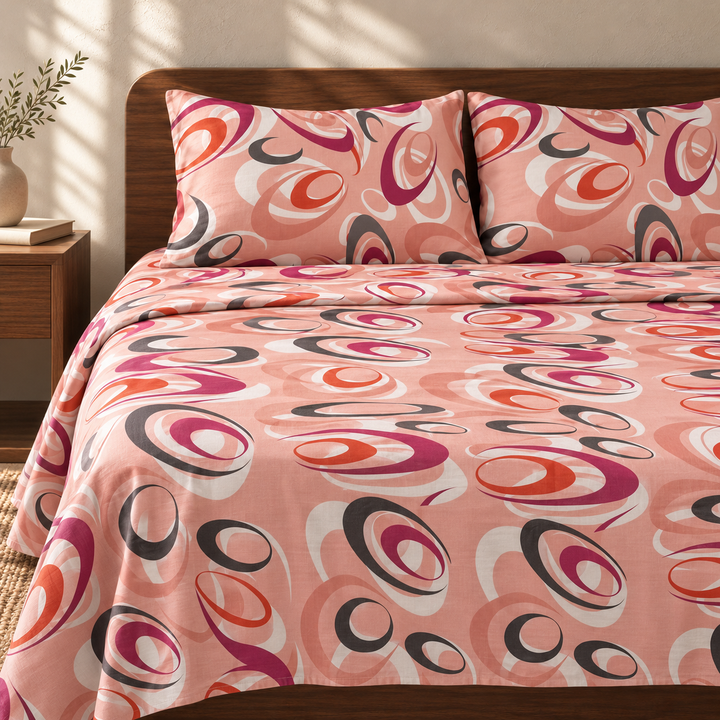 Premium Handloom Chennimalai King Size Bedspread Peach Print with matching pillow covers, square bedroom photograph