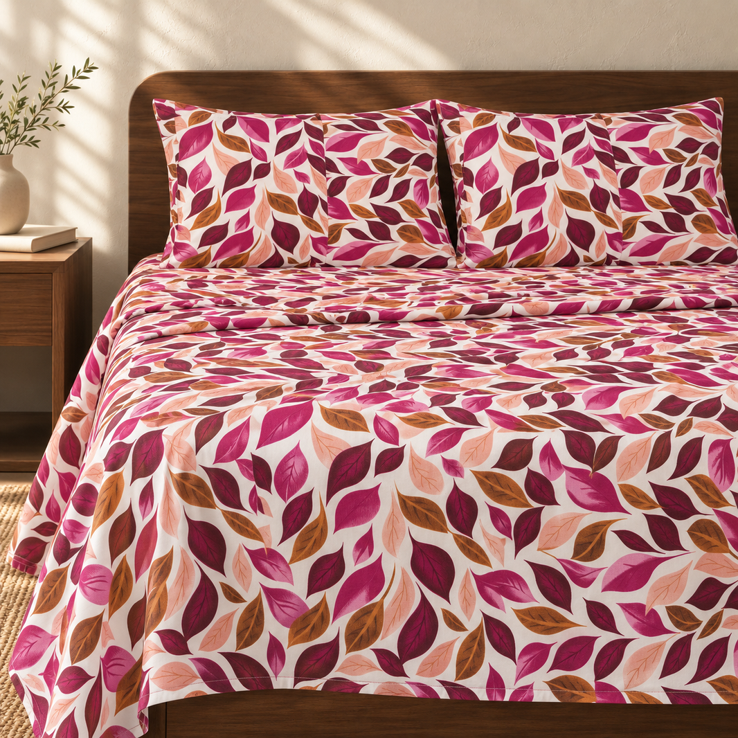 Premium Handloom Chennimalai King Size Bedspread Pink Leaf Print with matching pillow covers, square bedroom photograph