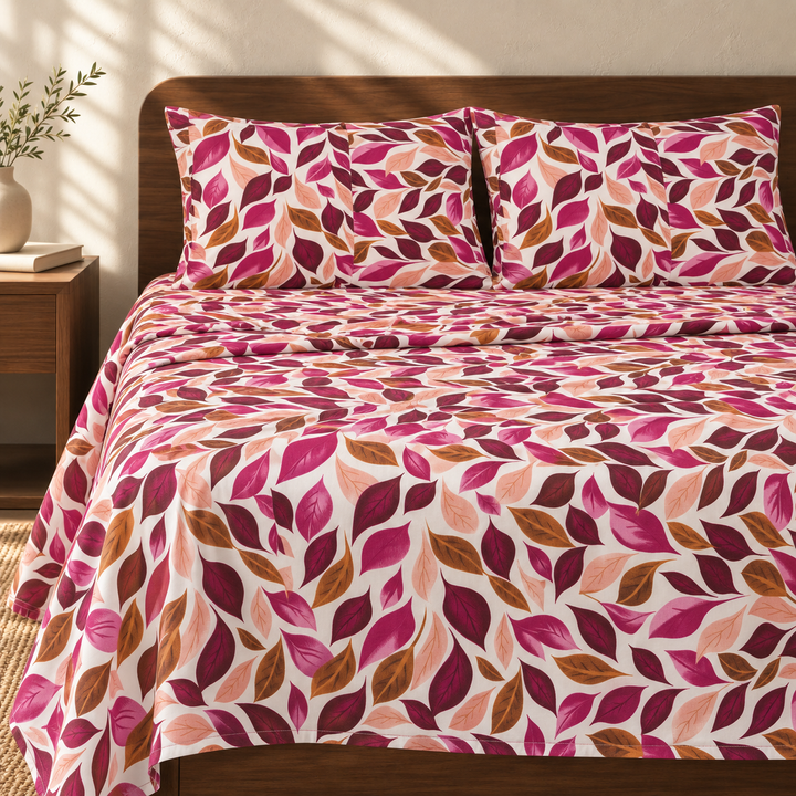 Premium Handloom Chennimalai King Size Bedspread Pink Leaf Print with matching pillow covers, square bedroom photograph