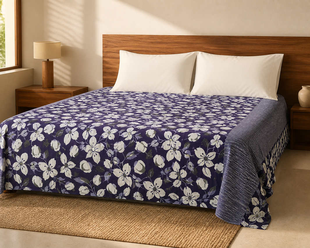 Premium Handloom King Size Chennimalai bedsheet - Purple Floral — Warm-room styling view