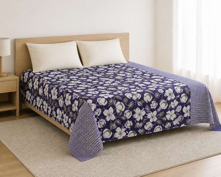 Premium Handloom King Size Chennimalai bedsheet - Purple Floral — Bright-room styling view