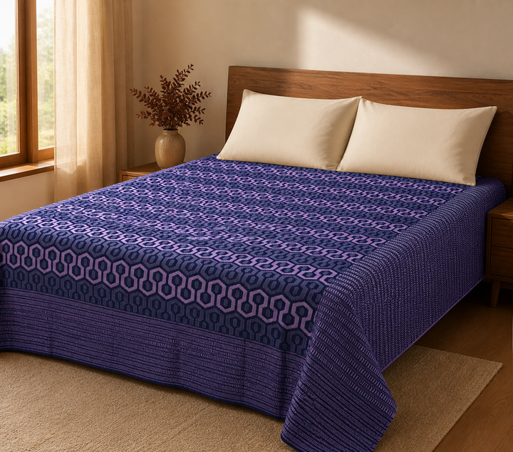 Premium Handloom King Size Chennimalai bedsheet - Purple Geometric — Warm-room styling view