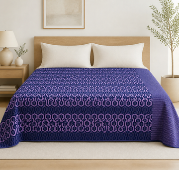 Premium Handloom King Size Chennimalai bedsheet - Purple Geometric — Bright-room styling view