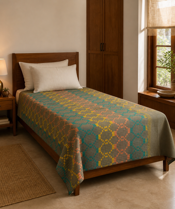 Premium Handloom Grey Boho Blocks Chennimalai Bedsheet - Peach and Yellow — Warm-room styling view