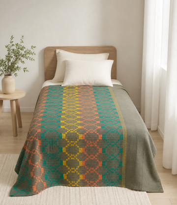 Premium Handloom Grey Boho Blocks Chennimalai Bedsheet - Peach and Yellow — Bright-room styling view