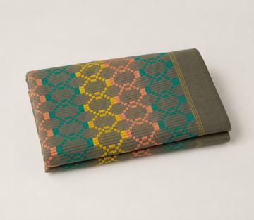 Premium Handloom Grey Boho Blocks Chennimalai Bedsheet - Peach and Yellow — Folded catalogue view