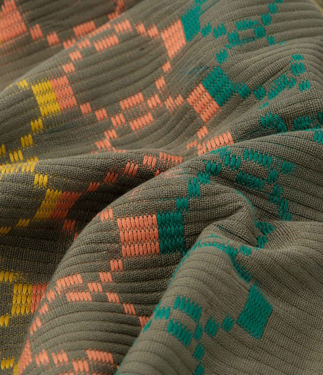 Premium Handloom Grey Boho Blocks Chennimalai Bedsheet - Peach and Yellow — Fabric and pattern detail view