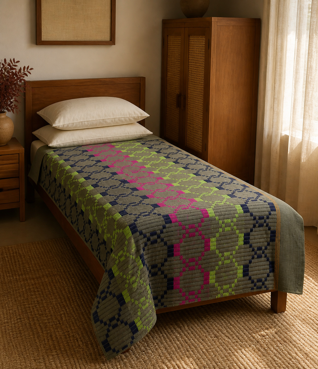 Premium Handloom Grey Boho Blocks Chennimalai Bedsheet - Pink Green — Warm-room styling view