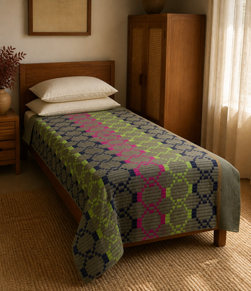 Premium Handloom Grey Boho Blocks Chennimalai Bedsheet - Pink Green — Warm-room styling view