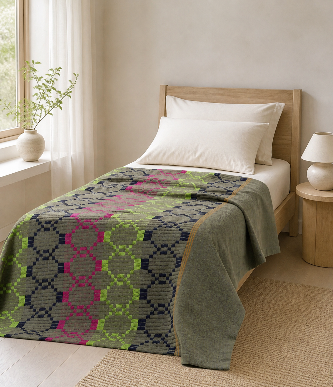 Premium Handloom Grey Boho Blocks Chennimalai Bedsheet - Pink Green — Bright-room styling view