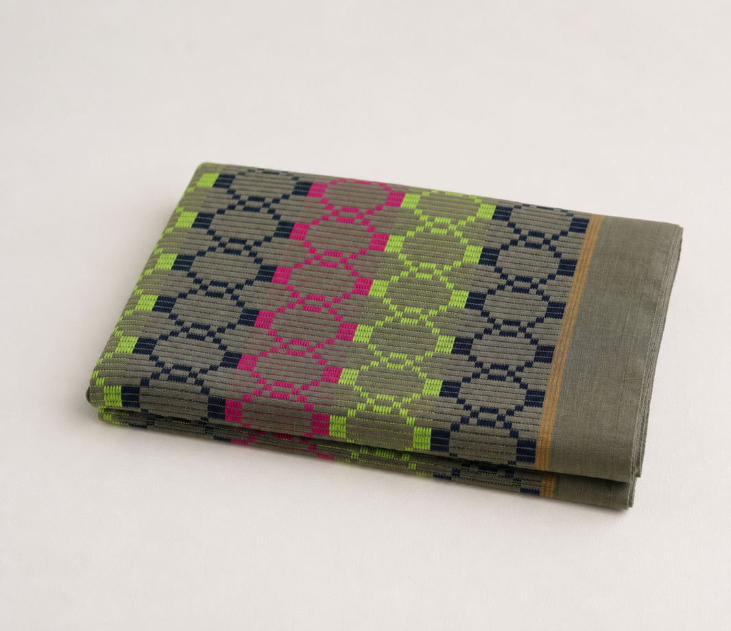 Premium Handloom Grey Boho Blocks Chennimalai Bedsheet - Pink Green — Folded catalogue view