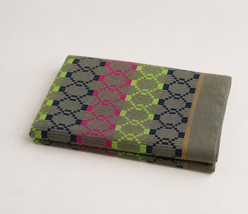 Premium Handloom Grey Boho Blocks Chennimalai Bedsheet - Pink Green — Folded catalogue view
