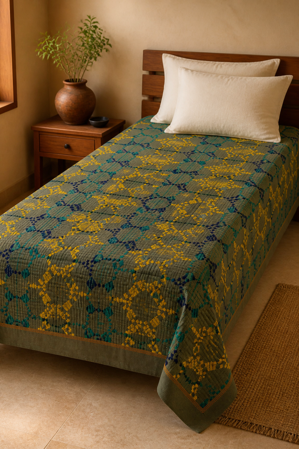 Premium Handloom Grey Boho Blocks Chennimalai bedsheet-Yellow and Teal — Warm-room styling view