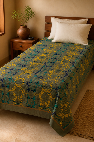 Premium Handloom Grey Boho Blocks Chennimalai bedsheet-Yellow and Teal — Warm-room styling view