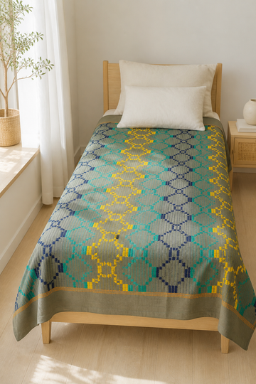 Premium Handloom Grey Boho Blocks Chennimalai bedsheet-Yellow and Teal — Bright-room styling view