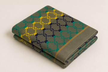 Premium Handloom Grey Boho Blocks Chennimalai bedsheet-Yellow and Teal — Folded catalogue view