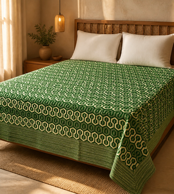 Premium Handloom King Size Chennimalai Bedsheet - Green Geometric — Warm-room styling view