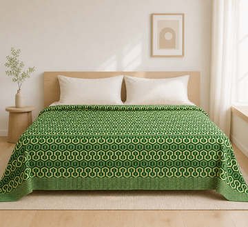 Premium Handloom King Size Chennimalai Bedsheet - Green Geometric — Bright-room styling view
