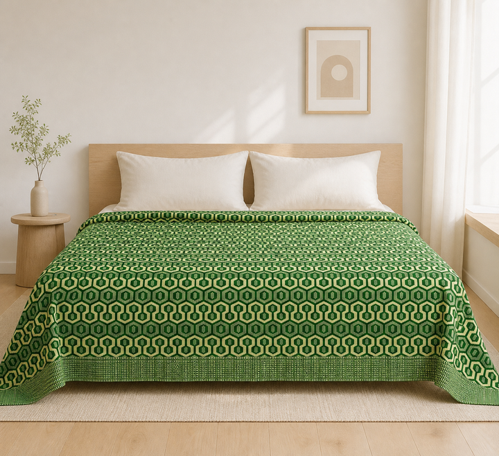 Premium Handloom King Size Chennimalai Bedsheet - Green Geometric — Bright-room styling view