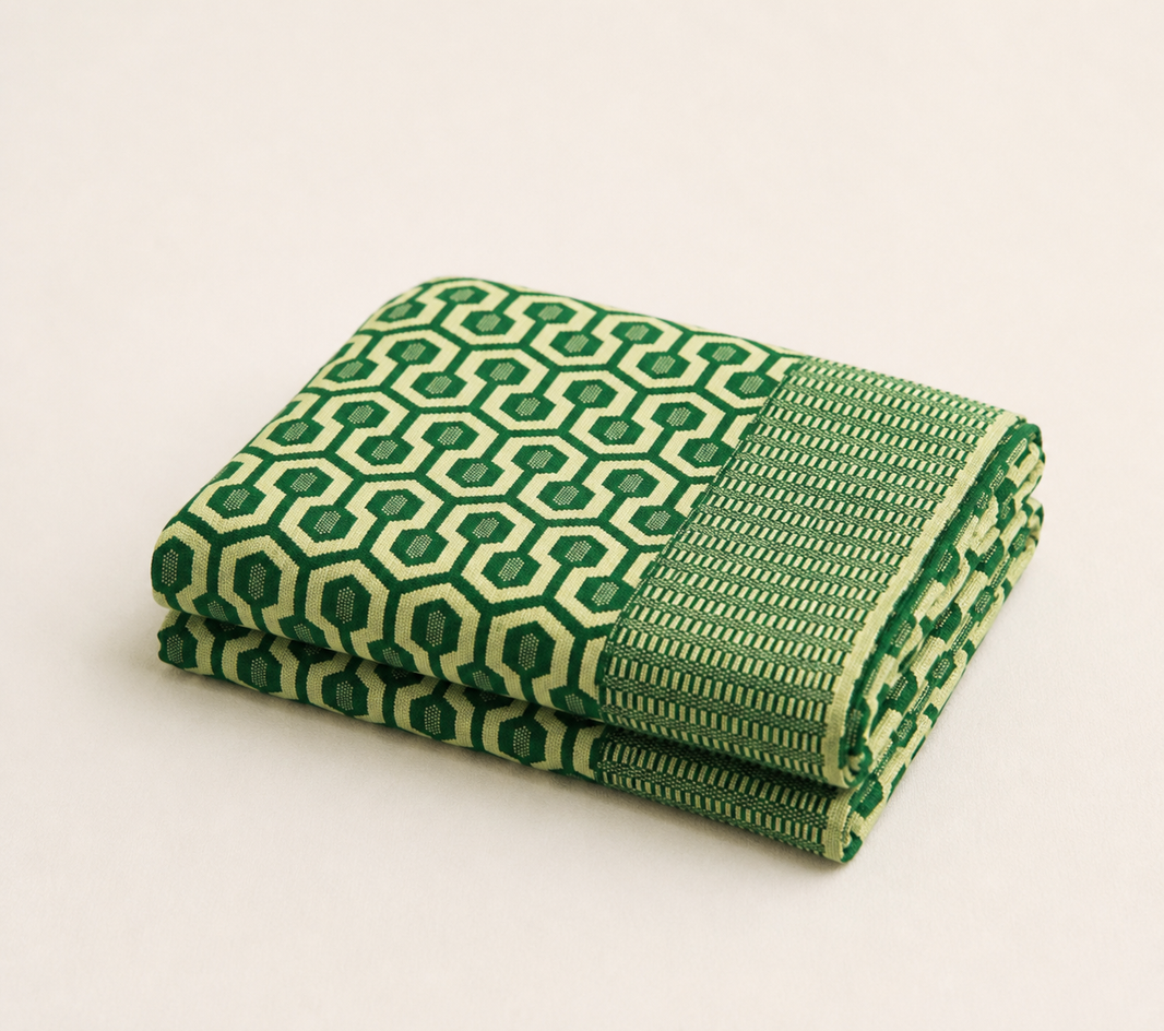 Premium Handloom King Size Chennimalai Bedsheet - Green Geometric — Folded catalogue view