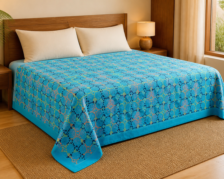Premium Handloom Light Blue with Orange Chennimalai bedsheet — Warm-room styling view