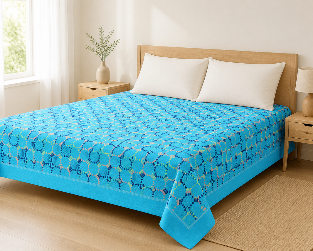 Premium Handloom Light Blue with Orange Chennimalai bedsheet — Bright-room styling view