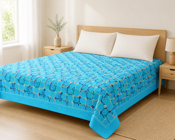 Premium Handloom Light Blue with Orange Chennimalai bedsheet — Bright-room styling view