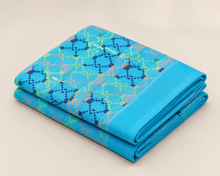 Premium Handloom Light Blue with Orange Chennimalai bedsheet — Folded catalogue view